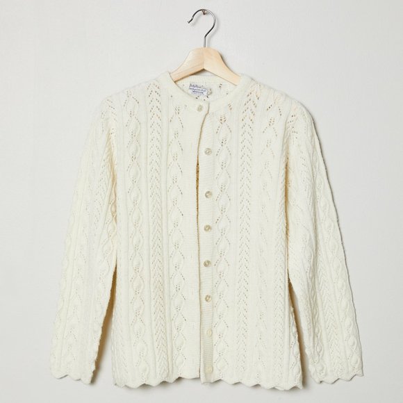 Vtg 50s Cream Open Knit Scalloped Cardigan M - Picture 1 of 7